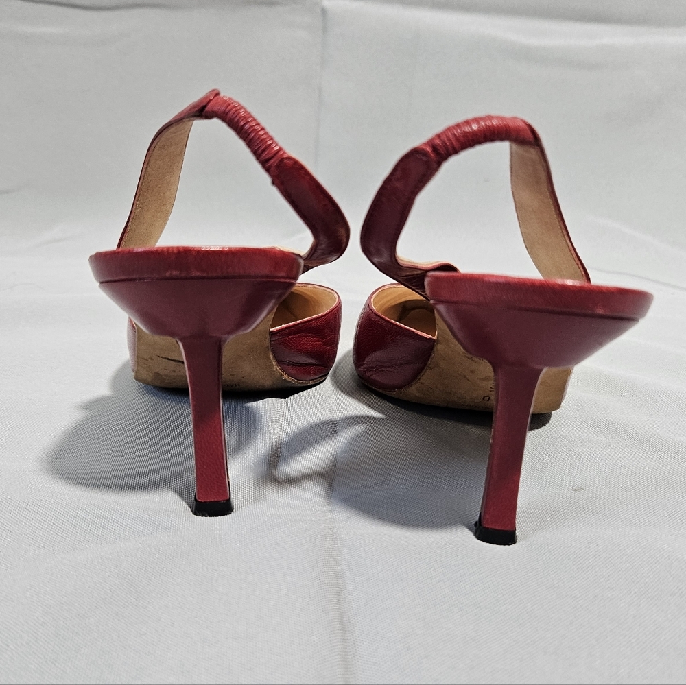 Manolo Blahnik VTG Carolyne Leather Red Sling Back Point Toe Kitten Heel 40/9.5 - Picture 6 of 10